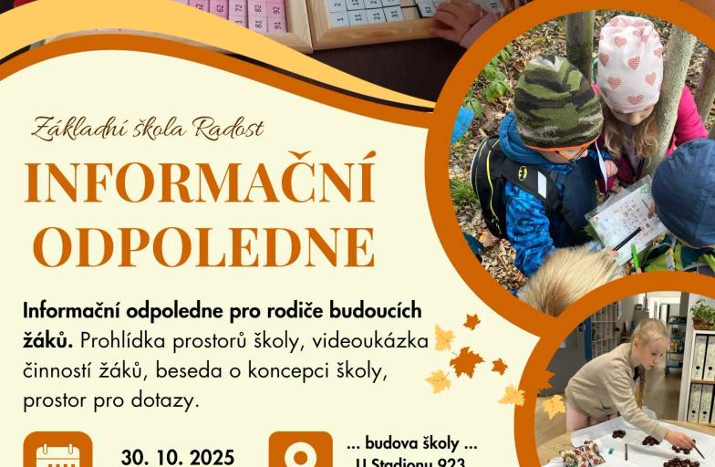 Oznámení o informačním odpoledni: Pozvánka pro rodiče budoucích žáků na 30. října 2025 v 16:15 hod., s textem těšícím se na radostné setkání.