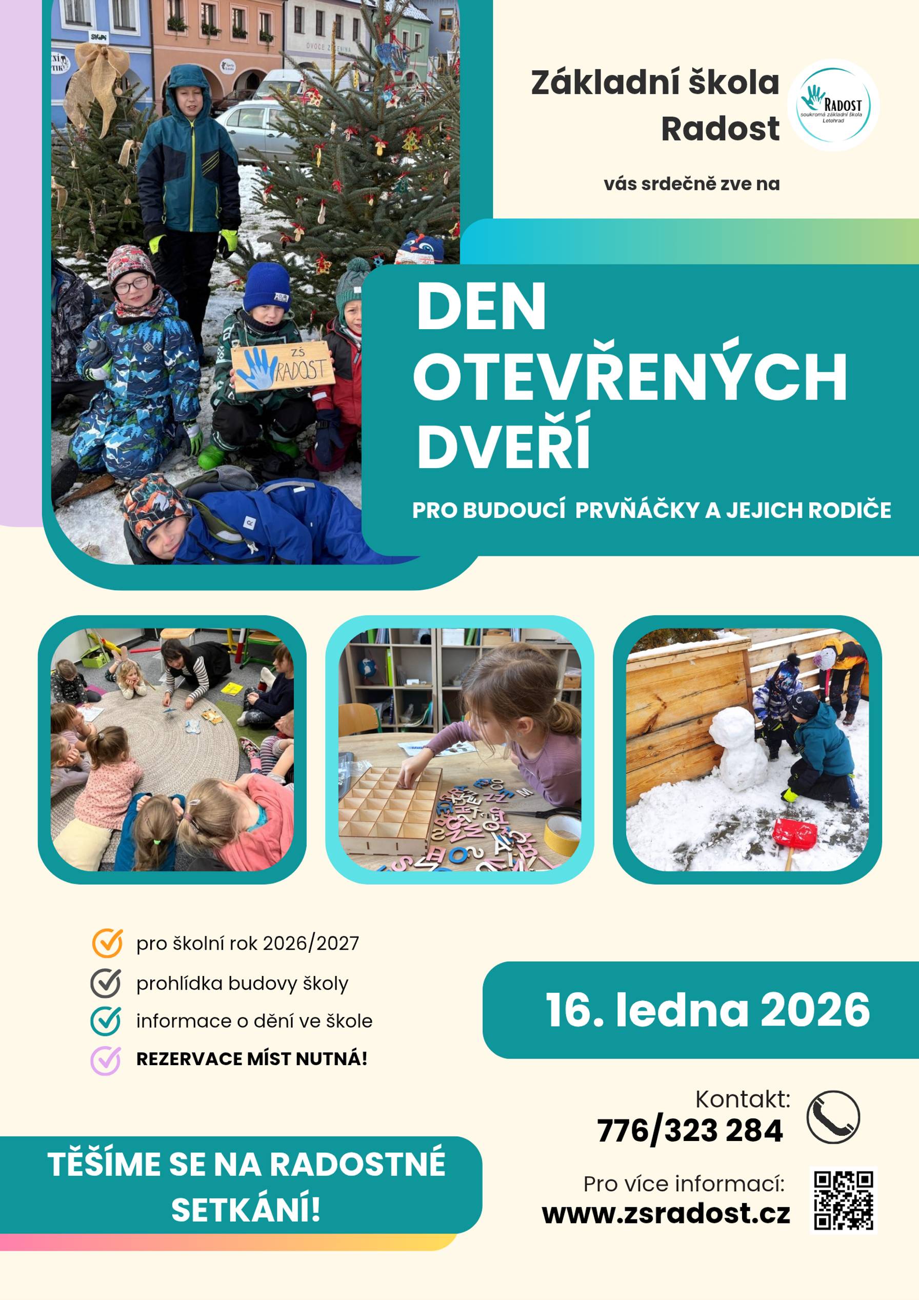 Den otevřených dveří pro budoucí prvňáčky a jejich rodiče se uskuteční 16. 1. 2026.