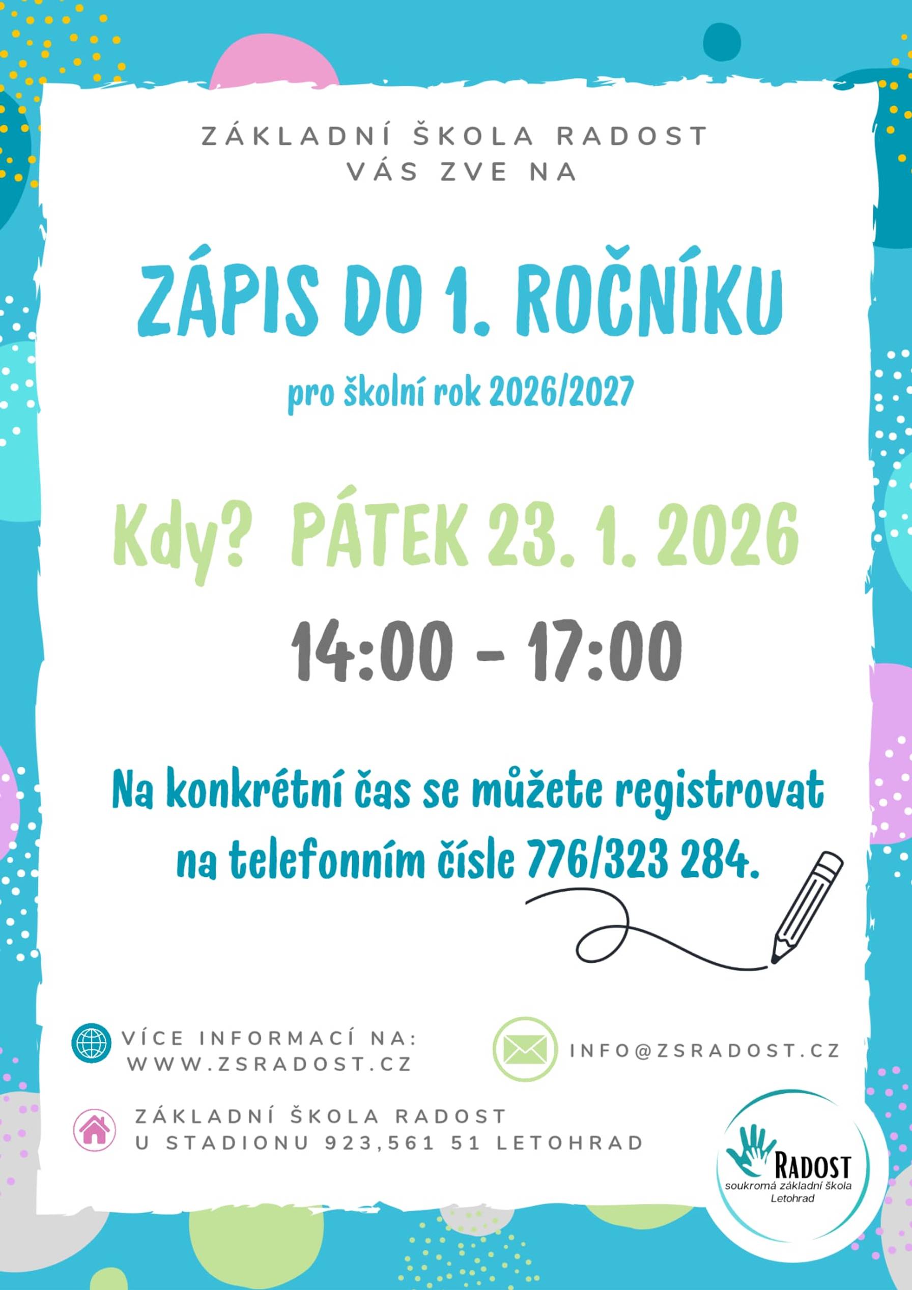 Pro zápis je nutné se registrovat na tel. čísle: +420 776 323 284